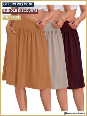 3 Pack Women's Midi Skirts A-Line Flowy Knee Length High Waist Pockets